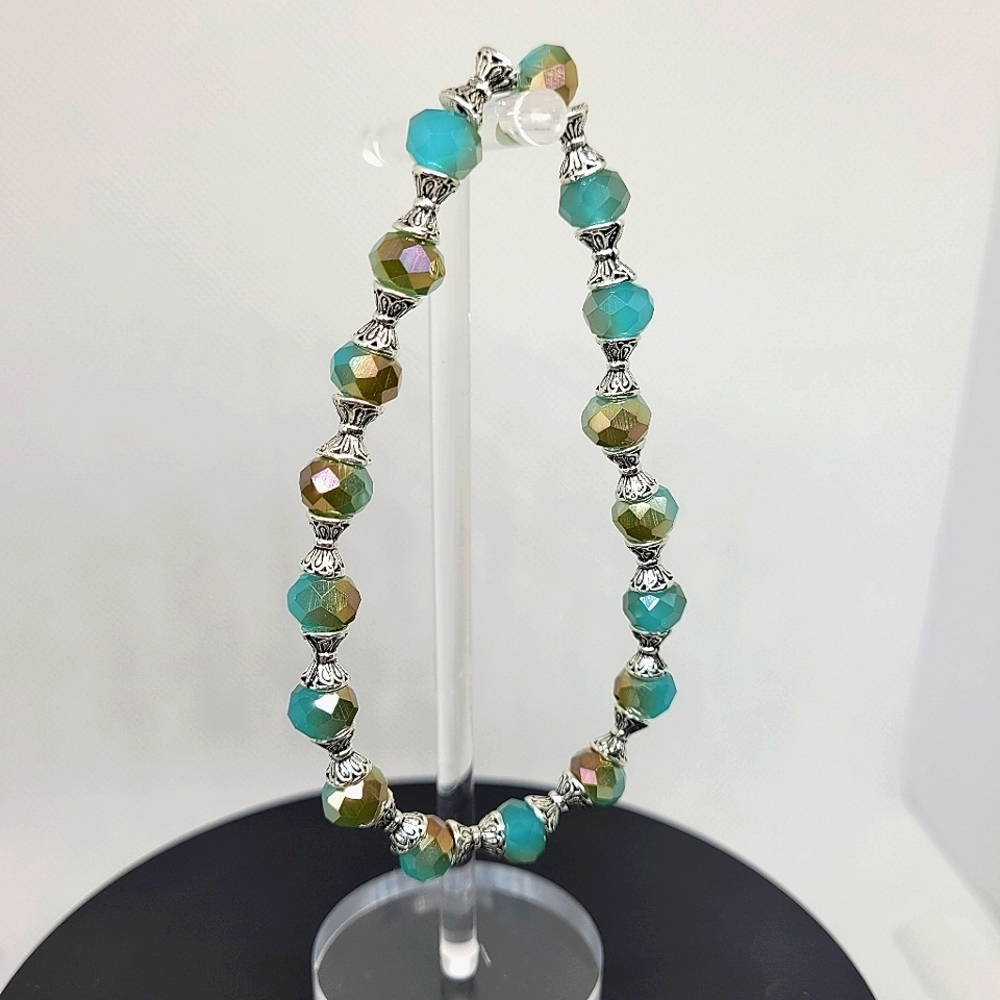 New 8" Austrian Jade Glass beads, antique silver spacers, elasticated bracelet